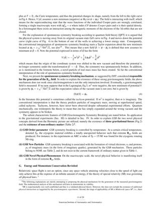 plus at T = TC , the Curie temperature, and thus the potential changes its shape, namely from the left to the right curve
in Fig.4. Hence, V (φ ) assumes a new minimum (negative) at M0 (or φ = φ0 ). The ﬁeld is interacting with itself, which
means for the superconducting state that the wave functions of the individual Cooper pairs are strongly correlated,
                                            2
forming a single macroscopic wave with ψCP = n where index CP denotes Cooper pairs and n is their spatial density.
In a ferromagnet there exists an interaction among the magnetic moments of the electrons of the 3d-orbits that are not
closed.
    For the explanation of spontaneous symmetry breaking according to quantum ﬁeld theory (QFT) it is argued that
the physical system is moving away from its original vacuum state (left curve in Fig. 4 and moves down the potential
curve (right curve of Fig. 4) to the bottom of one of the wells to achieving a lower energy state. Consequently,
the conventional interpretation of spontaneous symmetry breaking starts a Taylor expansion about the new minimum
                                                                            ˜
located at φ0 = ± −6m2 /λ , see also19 . This means that a new ﬁeld φ := φ − φ0 is deﬁned that now assumes its
              ˜                                                ˜
minimum at φ = 0. Now the potential expressed in terms of φ has the form
                                                             1 ˜      1          λ ˜
                                                   V (φ ) = − m2 φ 2 + λ φ0 φ 3 + φ 4
                                                      ˜                     ˜
                                                             2        6          4!
which means that the origin of the coordinate system was shifted to the new vacuum and therefore the potential is
                                                ˜      ˜
no longer symmetric under the transformation φ → −φ . Thus, the symmetry was spontaneously broken. In addition,
as is mentioned in the footnote below, a novel particle of real mass mass has been created. So far the conventional
interpretation of the role of spontaneous symmetry breaking.
    Next, we present the spontaneous symmetry breaking mechanism, as suggested by EHT, considered responsible
for the generation of the Bgp ﬁeld. In order to explain the existence of these strong gravitomagnetic ﬁelds, the above
mechanism does not work since electromagnetism is not the only interaction involved. Eventually, a gravitomagnetic
ﬁeld is measured. If we now suppose that in the Lagrangian, Eq.3, m2 were negative, the new minimum of potential V
is given by φ0 = ± −6m2 /λ and the expectation values of the vacuum state is not zero, but is given by

                                                                  0|φ |0 = φ0 .                                                                 (4)

In the literature this potential is sometimes called the tachyon potential. If m2 is negative, then m is imaginary. The
conventional interpretation is that the theory predicts particles of imaginary mass, moving at superluminal speed,
called tachyons. Tachyons, however, have never been observed despite substantial experimental efforts. Quantum
mechanically, one reinterprets the theory to mean that one has simply expanded around the wrong vacuum and the
symmetry appears to be broken.
    The salient characteristic features of GSB (Gravitomagnetic Symmetry Breaking) are stated below. Its application
to the gravitational experiments (Sec. III) is detailed in Sec. IV. In order to explain GSB the two novel physical
concepts derived from the Hermetry picture are utilized, namely the existence of three gravitational forces (Fig.2)
and the existence of non-ordinary matter (Table 2)h .

(i) GSB Order parameter GSB symmetry breaking is controlled by temperature. At a certain critical temperature,
      denoted TB , the cryogenic material exhibits a totally unexpected behavior such that extreme Bgp ﬁelds are
      produced. For instance, in the experiments at ARC a value of TB = 15.9K was found for the cryogenic rotating
      Nb ring.
(ii) GSB New Particles GSB symmetry breaking is associated with the formation of virtual electrons, eI and protons,
       pI of imaginary mass (in the form of imaginary quarks), generated by the GSB mechanism. These particles
      belong to NOM, see Table 2, and do not exist in the current framework of ordinary matter given in Table 1.
(iii) GSB Novel Physical Phenomenon On the macroscopic scale, the novel physical behavior is manifesting itself
       in the form of extreme Bgp ﬁelds.

G.    Energy and Momentum Conservation Revisited
Relativistic space ﬂight is not an option, since any space vehicle attaining velocities close to the speed of light can
only achieve this at the expense of an inﬁnite amount of energy, if the theory of special relativity (SR) was governing
all physical laws. i
   h The following explanations are merely attempting to proposing the physical mechanism for the generation of the measured gravitomagnetic

ﬁeld. The mathematical analysis of this mechanism will have to demonstrate its viability.
    i SR is experimentally very well established and thus is a validated physical theory. However, this does not exclude the existence of additional

physical interactions as suggested by the gravitomagnetic experiments. Second, the range of applicability of SR is Minkowski space M 4 , i.e., there


                                                                     11 of 20

                                               American Institute of Aeronautics and Astronautics
 