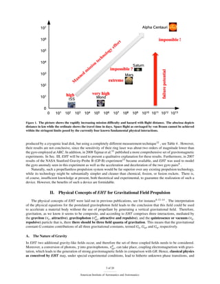 Figure 1. The picture shows the rapidly increasing mission difﬁculty and hazard with ﬂight distance. The abscissa depicts
distance in km while the ordinate shows the travel time in days. Space ﬂight as envisaged by von Braun cannot be achieved
within the stringent limits posed by the currently four known fundamental physical interactions.



produced by a cryogenic lead disk, but using a completely different measurement technique32 , see Table 4 . However,
their results are not conclusive, since the sensitivity of their ring laser was about two orders of magnitude lower than
the gyro employed at ARC. In addition, in 2008 Tajmar et al.33 published a more comprehensive set of gravitomagnetic
experiments. In Sec. III, EHT will be used to present a qualitative explanation for these results. Furthermore, in 2007
results of the NASA Stanford Gravity-Probe B (GP-B) experiment15 became available, and EHT was used to model
the gyro anomaly seen in this experiment as well as the acceleration and deceleration of the two gyro pairs9 .
    Naturally, such a propellantless propulsion system would be far superior over any existing propulsion technology,
while its technology might be substantially simpler and cleaner than chemical, ﬁssion, or fusion rockets. There is,
of course, insufﬁcient knowledge at present, both theoretical and experimental, to guarantee the realization of such a
device. However, the beneﬁts of such a device are formidable.

                 II.   Physical Concepts of EHT for Gravitational Field Propulsion
    The physical concepts of EHT were laid out in previous publications, see for instance9, 12–14 . The interpretation
of the physical equations for the postulated gravitophoton ﬁeld leads to the conclusion that this ﬁeld could be used
to accelerate a material body without the use of propellant by generating a vertical gravitational ﬁeld. Therefore,
gravitation, as we know it seems to be composite, and according to EHT comprises three interactions, mediated by
                                                  0
the graviton (νg , attractive), gravitophoton (νgp , attractive and repulsive), and the quintessence or vacuum (νq ,
repulsive) particle that is, there there should be three ﬁeld quanta of gravitation. This means that the gravitational
constant G contains contributions of all three gravitational constants, termed Gg , Ggp and Gq , respectively.

A.   The Nature of Gravity
In EHT two additional gravity-like ﬁelds occur, and therefore the set of three coupled ﬁelds needs to be considered.
                                                             0
Moreover, a conversion of photons, γ into gravitophotons, νgp , can take place, coupling electromagnetism with gravi-
tation, which leads to the generation of strong gravitomagnetic ﬁelds in comparison with GR. Hence, classical physics
as conceived by EHT may, under special experimental conditions, lead to hitherto unknown phase transitions, and


                                                           3 of 20

                                      American Institute of Aeronautics and Astronautics
 