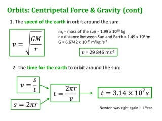 Orbits: Centripetal Force & Gravity (cont)
1. The speed of the earth in orbit around the sun:
                      m1 = mass of the sun = 1.99 x 1030 kg
                      r = distance between Sun and Earth = 1.49 x 1011m
                      G = 6.6742 x 10-11 m3kg-1s-2




 2. The time for the earth to orbit around the sun:




                                           Newton was right again – 1 Year
 