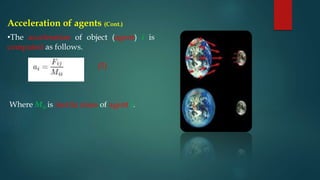 Acceleration of agents (Cont.)
•The acceleration of object (agent) i is
computed as follows.
(5)
Where Mii is inertia mass of agent i.
 