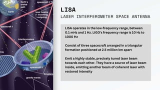 LISA
LASER INTERFEROMETER SPACE ANTENNA
LISA operates in the low-frequency range, between
0.1 mHz and 1 Hz. LIGO's frequency range is 10 Hz to
1000 Hz
Consist of three spacecraft arranged in a triangular
formation positioned at 2.5 million km apart
Emit a highly stable, precisely tuned laser beam
towards each other. They have a source of laser beam
inside, emitting another beam of coherent laser with
restored intensity
 