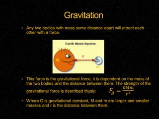 GravitationAny two bodies with mass some distance apart will attract each other with a force.