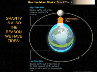 This force is the gravitational force, it is dependent on the mass of the two bodies and the distance between them. The strength of the gravitational force is described thusly: 	𝐹𝑔=𝐺𝑀𝑚𝑟2