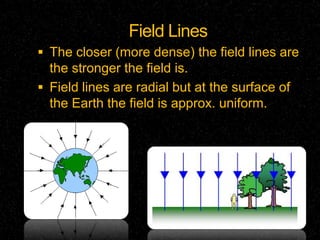 FieldsClose to the Earth we can approximate the field as uniform, it is actually radial.Because each kg of mass feels a weight we can use this to find g.  The weight felt is equal to the strength of the force of the gravitation.		𝑊=𝐹𝑔𝑚𝑔=𝐺𝑀𝑚𝑟2𝑔=𝐺𝑀𝑟2Note: g is the strength of a gravitational field in this case, not the constant 9.8𝑚𝑠−2 
