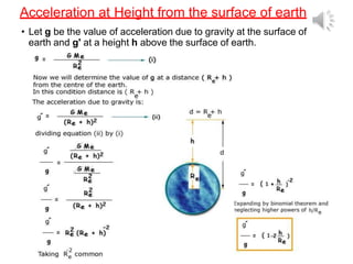 Acceleration at Height from the surface of earth
• Let g be the value of acceleration due to gravity at the surface of
earth and g' at a height h above the surface of earth.
 