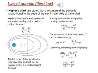 Law of periods (third law)
• Kepler's third law states that the square of the period is
proportional to the cube of the semi-major axis of the orbital
 