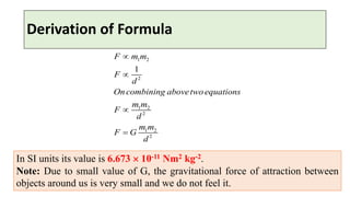 Derivation of Formula
In SI units its value is 6.673  10-11 Nm2 kg-2.
Note: Due to small value of G, the gravitational force of attraction between
objects around us is very small and we do not feel it.
1 2
2
1 2
2
1 2
2
1
F m m
F
d
Oncombining abovetwoequations
m m
F
d
m m
F G
d




 