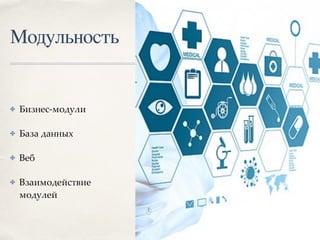 Модульность
✤ Бизнес-модули
✤ База данных
✤ Веб
✤ Взаимодействие
модулей
 