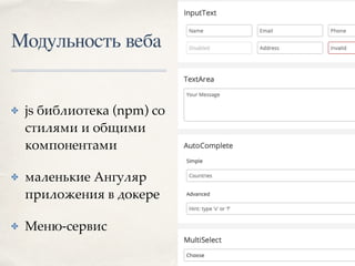 Модульность веба
✤ js библиотека (npm) со
стилями и общими
компонентами
✤ маленькие Ангуляр
приложения в докере
✤ Меню-сервис
 
