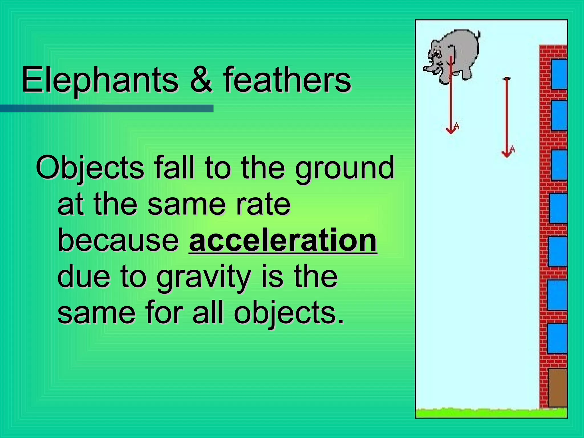 Elephants & feathers Objects fall to the ground at the same rate because  acceleration  due to gravity is the same for all objects. 