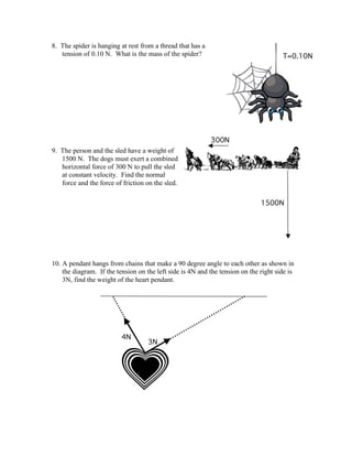 8. The spider is hanging at rest from a thread that has a
tension of 0.10 N. What is the mass of the spider?
9. The person and the sled have a weight of
1500 N. The dogs must exert a combined
horizontal force of 300 N to pull the sled
at constant velocity. Find the normal
force and the force of friction on the sled.
10. A pendant hangs from chains that make a 90 degree angle to each other as shown in
the diagram. If the tension on the left side is 4N and the tension on the right side is
3N, find the weight of the heart pendant.
T=0.10N
300N
1500N
4N
3N
 