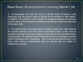 28
4. Consequently, the push out force of gravity would increase in rate
(vigorous) and the push in force of gravity would diminish in rate (weak).
In addition, the variance in the velocity of energies between the arteries
and the veins of the cosmos is inversely proportional to the circumference
of the black hole.
5. The natural path of flowing waves of energy would then warp towards
the outward direction from the centre of the black hole i.e. the route of
energies traveling in the wavy arteries of the cosmos as illustrated below.
Subsequently, the colossal mass of the black hole is compressed inwardly
before collapsing into a singularity. This is the precise phenomenon of a
black hole having a gravitational field so intense that no matter or
radiation can escape.
 