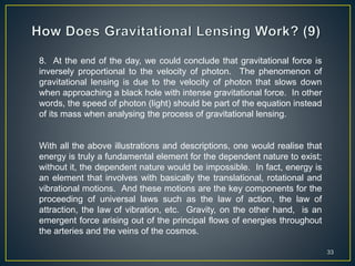 33
8. At the end of the day, we could conclude that gravitational force is
inversely proportional to the velocity of photon. The phenomenon of
gravitational lensing is due to the velocity of photon that slows down
when approaching a black hole with intense gravitational force. In other
words, the speed of photon (light) should be part of the equation instead
of its mass when analysing the process of gravitational lensing.
With all the above illustrations and descriptions, one would realise that
energy is truly a fundamental element for the dependent nature to exist;
without it, the dependent nature would be impossible. In fact, energy is
an element that involves with basically the translational, rotational and
vibrational motions. And these motions are the key components for the
proceeding of universal laws such as the law of action, the law of
attraction, the law of vibration, etc. Gravity, on the other hand, is an
emergent force arising out of the principal flows of energies throughout
the arteries and the veins of the cosmos.
 