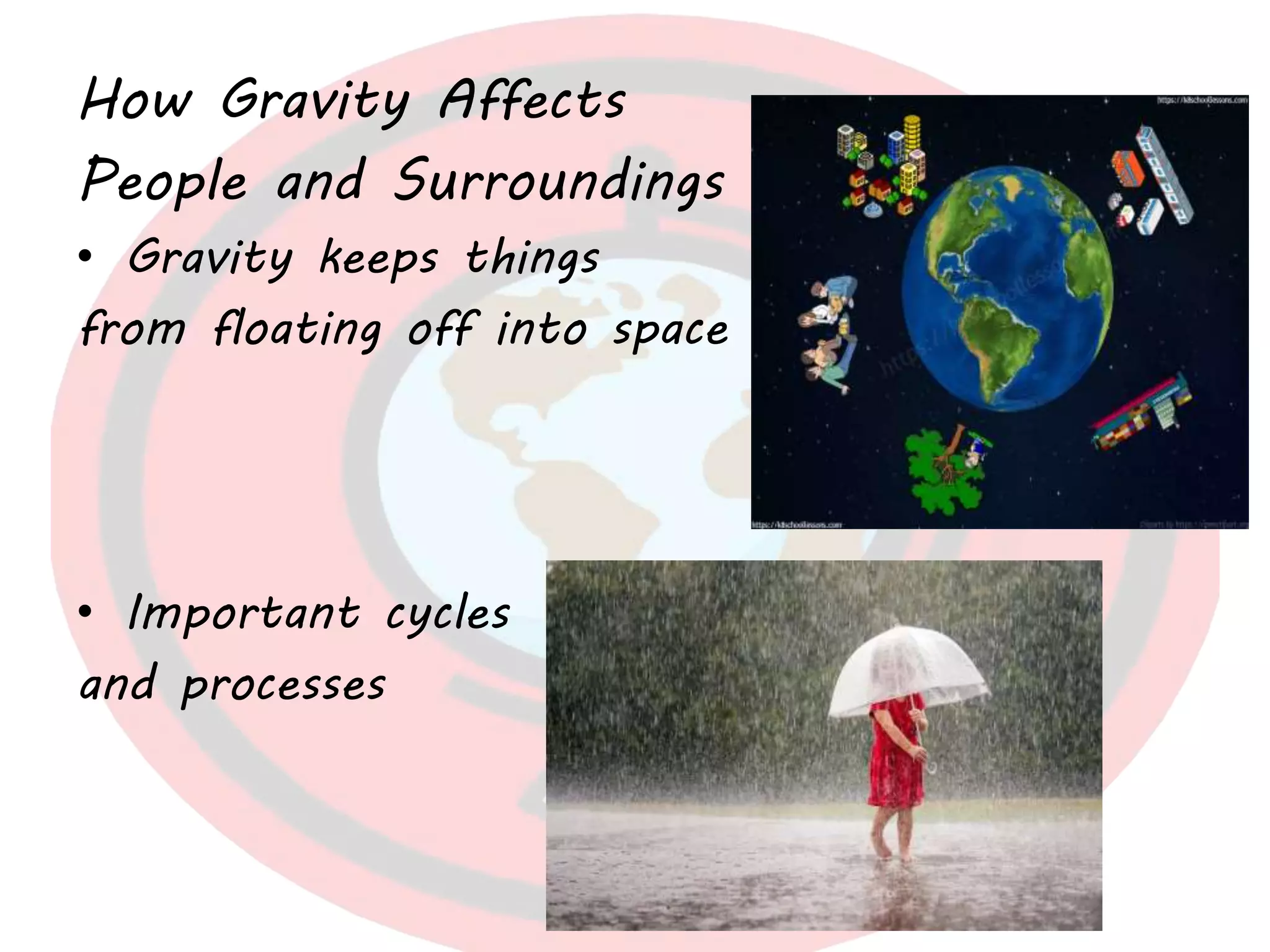 How Gravity Affects
People and Surroundings
• Gravity keeps things
from floating off into space
• Important cycles
and processes
 