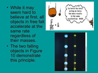 • While it may
seem hard to
believe at first, all
objects in free fall
accelerate at the
same rate
regardless of
their masses.
• The two falling
objects in Figure
10 demonstrate
this principle.
 