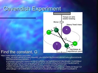 Cavendish Experiment
Cavendish Experiment
Find the constant, G
Find the constant, G
https://video.search.yahoo.com/video/
https://video.search.yahoo.com/video/
play;_ylt=A2KLqIEGEDFVzlsA1RosnIlQ;_ylu=X3oDMTByZWc0dGJtBHNlYwNzcgRzbGsDdmlk
play;_ylt=A2KLqIEGEDFVzlsA1RosnIlQ;_ylu=X3oDMTByZWc0dGJtBHNlYwNzcgRzbGsDdmlk
BHZ0aWQDBGdwb3MDMQ--?
BHZ0aWQDBGdwb3MDMQ--?
p=youtube+cavendish+experiment&vid=ceffb99e10a7de8282dd343f188c360e&l=1%3A59&turl
p=youtube+cavendish+experiment&vid=ceffb99e10a7de8282dd343f188c360e&l=1%3A59&turl
=http%3A%2F%2Fts1.mm.bing.net%2Fth%3Fid%3DWN.UX5sc%252bcC6tcV5sLBvVqkFQ
=http%3A%2F%2Fts1.mm.bing.net%2Fth%3Fid%3DWN.UX5sc%252bcC6tcV5sLBvVqkFQ
%26pid%3D15.1&rurl=https%3A%2F%2Fwww.youtube.com%2Fwatch%3Fv
%26pid%3D15.1&rurl=https%3A%2F%2Fwww.youtube.com%2Fwatch%3Fv
%3DdyLYbvZIYoU&tit=Cavendish+Experiment&c=0&sigr=11bulhojq&sigt=10k9bc3d1&sigi=121
%3DdyLYbvZIYoU&tit=Cavendish+Experiment&c=0&sigr=11bulhojq&sigt=10k9bc3d1&sigi=121
e0bcmj&age=1381239063&fr2=p%3As%2Cv%3Av&hsimp=yhs-001&hspart=mozilla&tt=b
e0bcmj&age=1381239063&fr2=p%3As%2Cv%3Av&hsimp=yhs-001&hspart=mozilla&tt=b
 