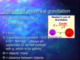 The law of universal gravitation
The law of universal gravitation
The formula for this law is:
The formula for this law is:
F = G x
F = G x m
m1
1 x m
x m2
2
r
r2
2
F = force
F = force
G = gravitational constant = 6.673
G = gravitational constant = 6.673
x 10
x 10-11
-11
Nm
Nm2
2
/kg
/kg2
2
- always an
- always an
uppercase G, do not confuse
uppercase G, do not confuse
with g, which is for gravity
with g, which is for gravity
M = objects’ mass
M = objects’ mass
R = distance between objects
R = distance between objects
 