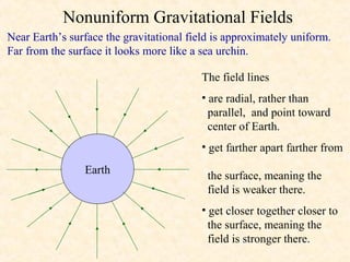 Nonuniform Gravitational Fields
Near Earth’s surface the gravitational field is approximately uniform.
Far from the surface it looks more like a sea urchin.

                                          The field lines
                                          • are radial, rather than
                                            parallel, and point toward
                                            center of Earth.
                                          • get farther apart farther from
                Earth                      the surface, meaning the
                                           field is weaker there.
                                          • get closer together closer to
                                            the surface, meaning the
                                            field is stronger there.
 