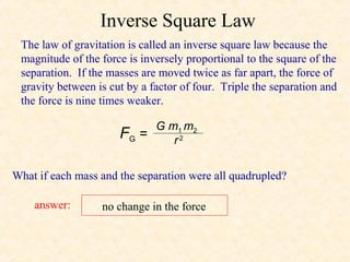 Inverse Square Law
 The law of gravitation is called an inverse square law because the
 magnitude of the force is inversely proportional to the square of the
 separation. If the masses are moved twice as far apart, the force of
 gravity between is cut by a factor of four. Triple the separation and
 the force is nine times weaker.

                             G m1 m2
                      FG   =    r2


What if each mass and the separation were all quadrupled?

    answer:       no change in the force
 