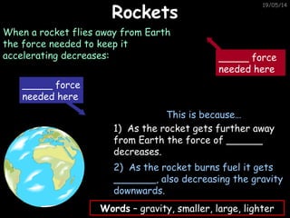19/05/14
RocketsRockets
When a rocket flies away from Earth
the force needed to keep it
accelerating decreases:
This is because…
1) As the rocket gets further away
from Earth the force of ______
decreases.
2) As the rocket burns fuel it gets
_______, also decreasing the gravity
downwards.
Words – gravity, smaller, large, lighter
_____ force
needed here
_____ force
needed here
 