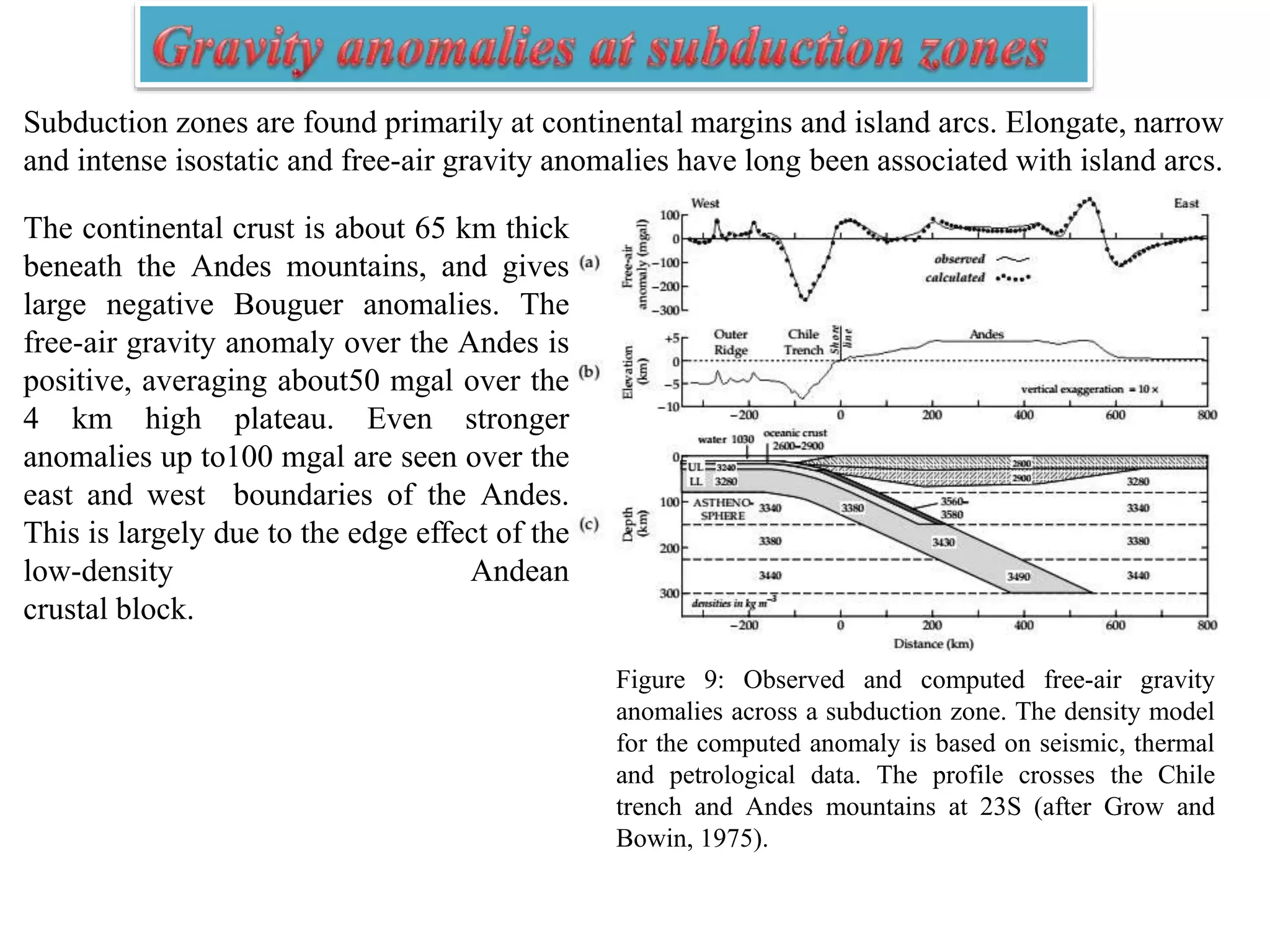 Subduction zones are found primarily at continental margins and island arcs. Elongate, narrow
and intense isostatic and free-air gravity anomalies have long been associated with island arcs.
Figure 9: Observed and computed free-air gravity
anomalies across a subduction zone. The density model
for the computed anomaly is based on seismic, thermal
and petrological data. The profile crosses the Chile
trench and Andes mountains at 23S (after Grow and
Bowin, 1975).
The continental crust is about 65 km thick
beneath the Andes mountains, and gives
large negative Bouguer anomalies. The
free-air gravity anomaly over the Andes is
positive, averaging about50 mgal over the
4 km high plateau. Even stronger
anomalies up to100 mgal are seen over the
east and west boundaries of the Andes.
This is largely due to the edge effect of the
low-density Andean
crustal block.
 