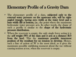 Elementary Profile of a Gravity Dam
• The elementary profile of a dam, subjected only to the
external water pressure on th...