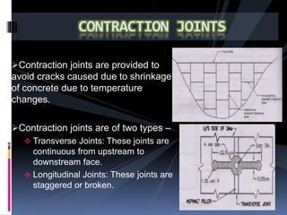 Contraction joints are provided to
avoid cracks caused due to shrinkage
of concrete due to temperature
changes.
Contraction joints are of two types –
 Transverse Joints: These joints are
continuous from upstream to
downstream face.
 Longitudinal Joints: These joints are
staggered or broken.
CONTRACTION JOINTS
 