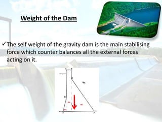 Weight of the Dam
The self weight of the gravity dam is the main stabilising
force which counter balances all the external forces
acting on it.
 