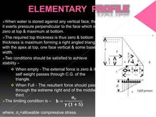 When water is stored against any vertical face, then
it exerts pressure perpendicular to the face which is
zero at top & maximum at bottom.
The required top thickness is thus zero & bottom
thickness is maximum forming a right angled triangle
with the apex at top, one face vertical & some base
width.
Two conditions should be satisfied to achieve
stability –
 When empty - The external force is zero & its
self weight passes through C.G. of the
triangle.
 When Full - The resultant force should pass
through the extreme right end of the middle-
third.
The limiting condition is –
where, σc=allowable compressive stress.
 