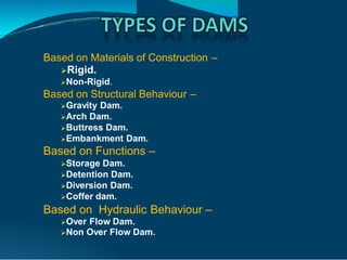 Based on Materials of Construction
Rigid.
Non-Rigid.
–
Based on Structural Behaviour
Gravity Dam.
Arch Dam.
Buttress Dam.
Embankment Dam.
Based on Functions –
Storage Dam.
Detention Dam.
Diversion Dam.
Coffer dam.
–
Based on Hydraulic Behaviour –
Over Flow Dam.
Non Over Flow Dam.
 