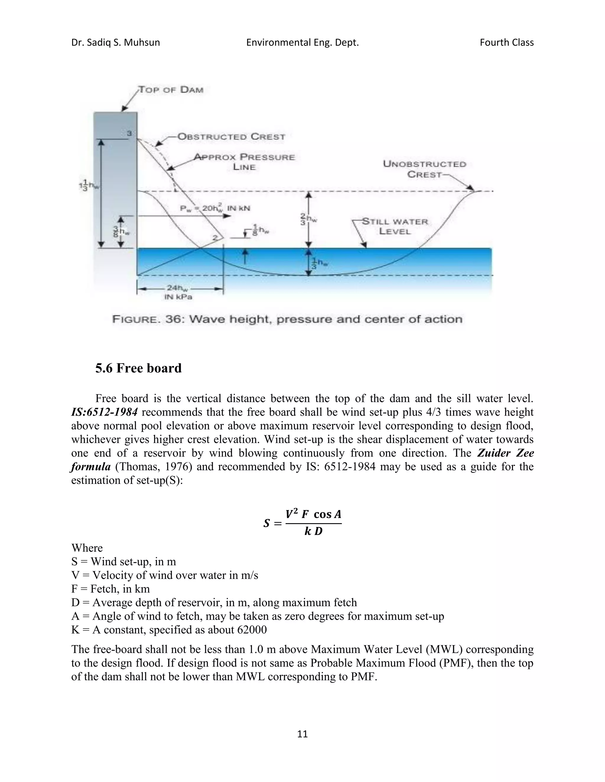 Dr. Sadiq S. Muhsun Environmental Eng. Dept. Fourth Class
11
5.6 Free board
Free board is the vertical distance between the top of the dam and the sill water level.
IS:6512-1984 recommends that the free board shall be wind set-up plus 4/3 times wave height
above normal pool elevation or above maximum reservoir level corresponding to design flood,
whichever gives higher crest elevation. Wind set-up is the shear displacement of water towards
one end of a reservoir by wind blowing continuously from one direction. The Zuider Zee
formula (Thomas, 1976) and recommended by IS: 6512-1984 may be used as a guide for the
estimation of set-up(S):
𝑺 =
𝑽𝟐
𝑭 𝐜𝐨𝐬 𝑨
𝒌 𝑫
Where
S = Wind set-up, in m
V = Velocity of wind over water in m/s
F = Fetch, in km
D = Average depth of reservoir, in m, along maximum fetch
A = Angle of wind to fetch, may be taken as zero degrees for maximum set-up
K = A constant, specified as about 62000
The free-board shall not be less than 1.0 m above Maximum Water Level (MWL) corresponding
to the design flood. If design flood is not same as Probable Maximum Flood (PMF), then the top
of the dam shall not be lower than MWL corresponding to PMF.
 