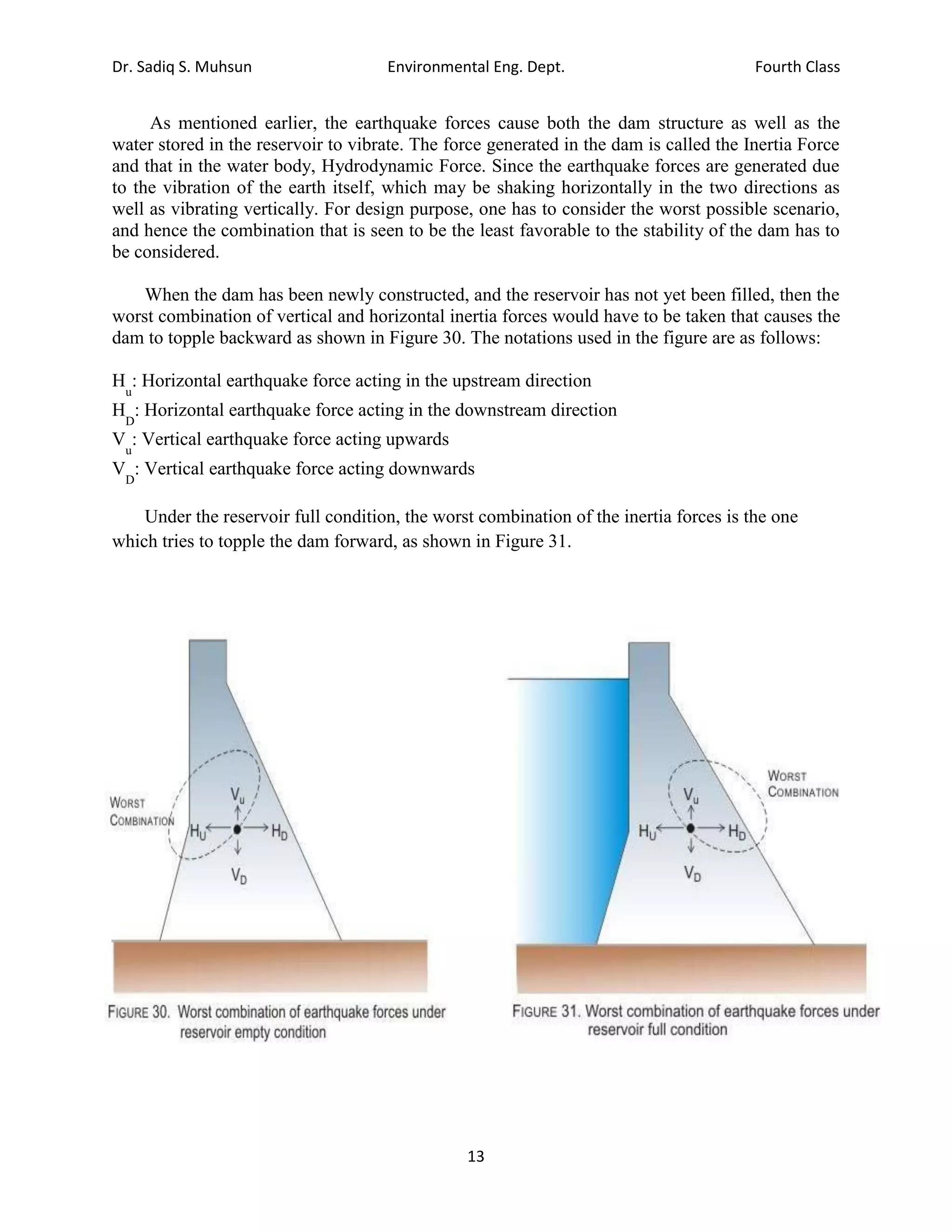 Dr. Sadiq S. Muhsun Environmental Eng. Dept. Fourth Class
13
As mentioned earlier, the earthquake forces cause both the dam structure as well as the
water stored in the reservoir to vibrate. The force generated in the dam is called the Inertia Force
and that in the water body, Hydrodynamic Force. Since the earthquake forces are generated due
to the vibration of the earth itself, which may be shaking horizontally in the two directions as
well as vibrating vertically. For design purpose, one has to consider the worst possible scenario,
and hence the combination that is seen to be the least favorable to the stability of the dam has to
be considered.
When the dam has been newly constructed, and the reservoir has not yet been filled, then the
worst combination of vertical and horizontal inertia forces would have to be taken that causes the
dam to topple backward as shown in Figure 30. The notations used in the figure are as follows:
H
u
: Horizontal earthquake force acting in the upstream direction
H
D
: Horizontal earthquake force acting in the downstream direction
V
u
: Vertical earthquake force acting upwards
V
D
: Vertical earthquake force acting downwards
Under the reservoir full condition, the worst combination of the inertia forces is the one
which tries to topple the dam forward, as shown in Figure 31.
 