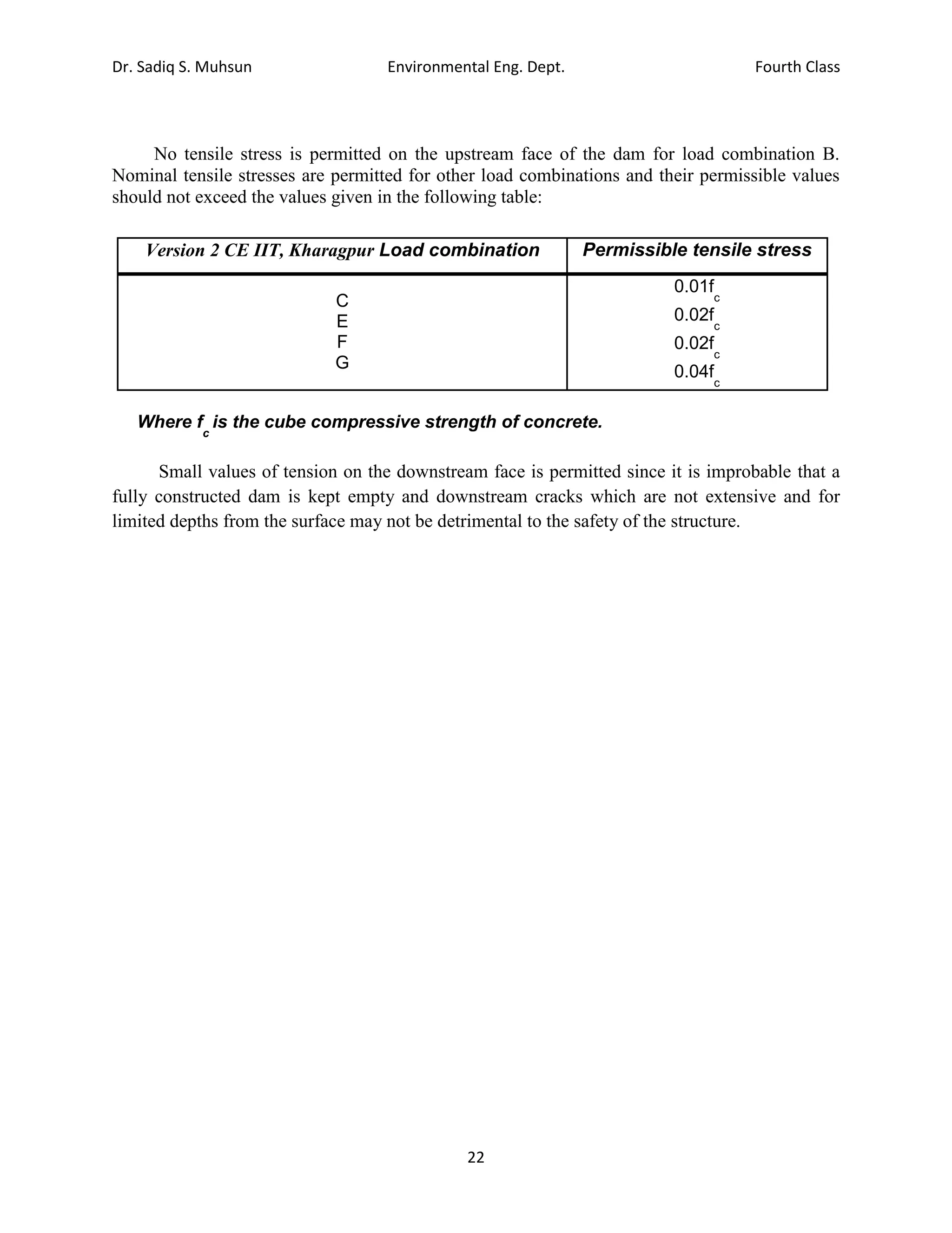 Dr. Sadiq S. Muhsun Environmental Eng. Dept. Fourth Class
22
No tensile stress is permitted on the upstream face of the dam for load combination B.
Nominal tensile stresses are permitted for other load combinations and their permissible values
should not exceed the values given in the following table:
Version 2 CE IIT, Kharagpur Load combination Permissible tensile stress
C
E
F
G
0.01f
c
0.02f
c
0.02f
c
0.04f
c
Where f
c
is the cube compressive strength of concrete.
Small values of tension on the downstream face is permitted since it is improbable that a
fully constructed dam is kept empty and downstream cracks which are not extensive and for
limited depths from the surface may not be detrimental to the safety of the structure.
 