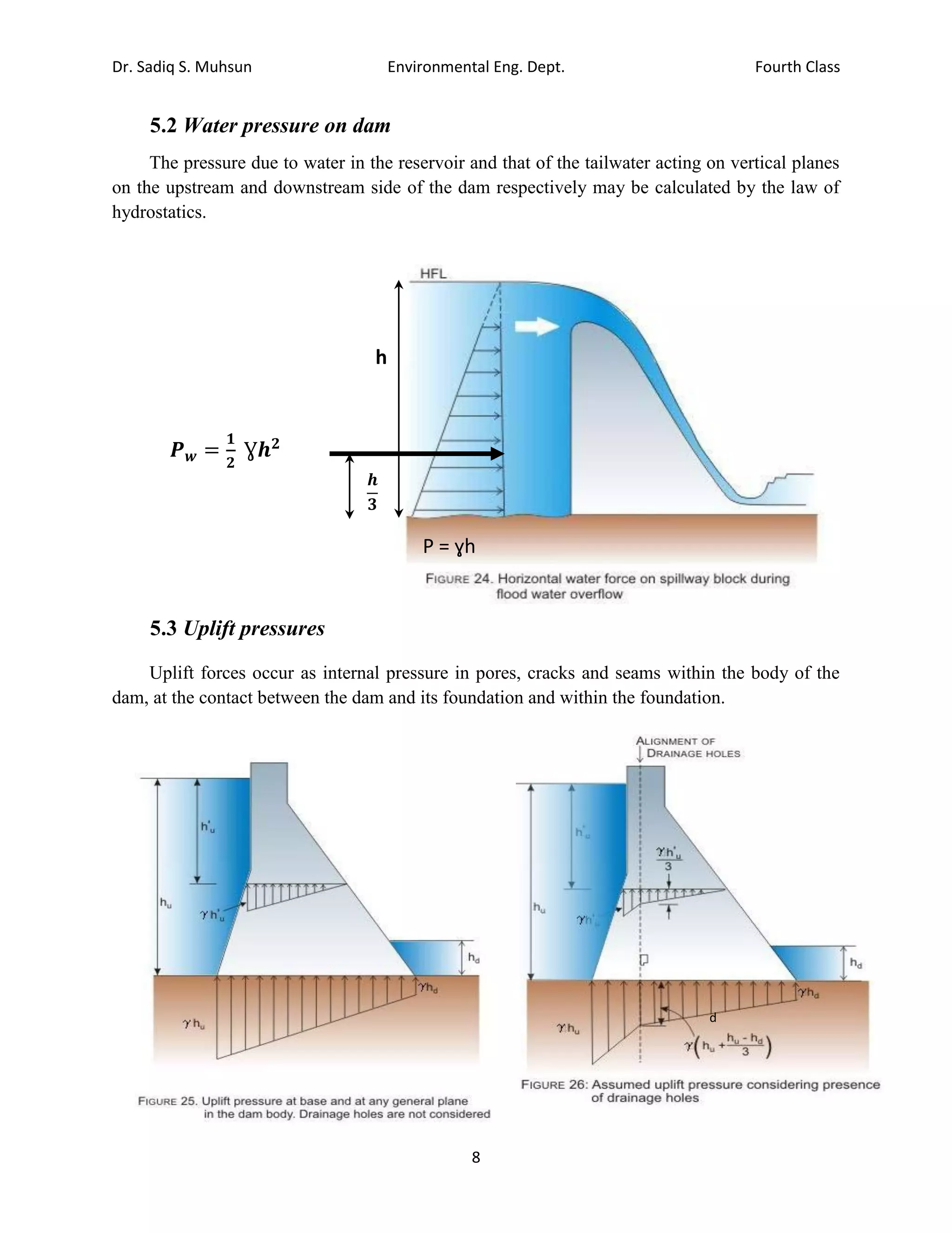 Dr. Sadiq S. Muhsun Environmental Eng. Dept. Fourth Class
8
5.2 Water pressure on dam
The pressure due to water in the reservoir and that of the tailwater acting on vertical planes
on the upstream and downstream side of the dam respectively may be calculated by the law of
hydrostatics.
𝑷𝒘 =
𝟏
𝟐
Ɣ𝒉𝟐
5.3 Uplift pressures
Uplift forces occur as internal pressure in pores, cracks and seams within the body of the
dam, at the contact between the dam and its foundation and within the foundation.
P = ɣh
h
d
=h
u
𝒉
𝟑
 