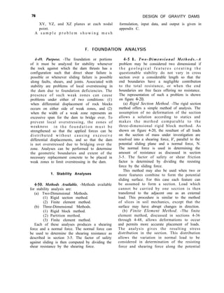76 DESIGN OF GRAVITY DAMS
XY, YZ, and XZ planes at each nodal formulation, input data, and output is given in
point. appendix C.
A s a m p l e p r o b l e m s h o w i n g m e s h
F. FOUNDATION ANALYSIS
4-49. Purpose. -The foundation or portions
of it must be analyzed for stability whenever
the rock against which the dam thrusts has a
configuration such that direct shear failure is
possible or whenever sliding failure is possible
along faults, shears, and joints. Associated with
stability are problems of local overstressing in
the dam due to foundation deficiencies. The
presence of such weak zones can cause
problems under either of two conditions: (1)
when differential displacement of rock blocks
occurs on either side of weak zones, and (2)
when the width of a weak zone represents an
excessive span for the dam to bridge over. To
prevent local overstressing, the zones of
weakness i n t h e f o u n d a t i o n m u s t b e
strengthened so that the applied forces can be
distributed without causing excessive
differential displacements, and so that the dam
is not overstressed due to bridging over the
zone. Analyses can be performed to determine
the geometric boundaries and extent of the
necessary replacement concrete to be placed in
weak zones to limit overstressing in the dam.
1. Stability Analyses
4-50. Methods Available. -Methods available
for stability analysis are:
(a) Two-Dimensional Methods.
(1) Rigid section method.
(2) Finite element method.
(b) Three-Dimensional Methods.
(1) Rigid block method.
(2) Partition method.
(3) Finite element method.
Each of these analyses produces a shearing
force and a normal force. The normal force can
be used to determine the shearing resistance as
described in section 3-5. The factor of safety
against sliding is then computed by dividing the
shear resistance by the shearing force.
4-5 1. Two-Dimensional Methods.-A
problem may be considered two dimensional if
t h e g e o l o g i c a l f e a t u r e s c r e a t i n g t h e
questionable stability do not vary in cross
section over a considerable length so that the
end boundaries have a negligible contribution
to the total resistance, or when the end
boundaries are free faces offering no resistance.
The representation of such a problem is shown
on figure 4-20.
(a) Rigid Section Method. -The rigid section
method offers a simple method of analysis. The
assumption of no deformation of the section
allows a solution according to statics and
makes the method comparable to the
three-dimensional rigid block method. As
shown on figure 4-20, the resultant of all loads
on the section of mass under investigation are
resolved into a shearing force, V, parallel to the
potential sliding plane and a normal force, N.
The normal force is used in determining the
amount of resistance as discussed in section
3-5. The factor of safety or shear friction
factor is determined by dividing the resisting
force by the sliding force.
This method may also be used when two or
more features combine to form the potential
sliding surface. For this case each feature can
be assumed to form a section. Load which
cannot be carried by one section is then
transferred to the adjacent one as an external
load. This procedure is similar to the method
of slices in soil mechanics, except that the
surface may have abrupt changes in direction.
(b) Finite Element Method. -The finite
element method, discussed in sections 4-36
through 4-48, allows deformations to occur
and permits more accurate placement of loads.
The analysis gives the resulting stress
distribution in the section. This distribution
allows the variation in normal load to be
considered in determination of the resisting
force and shearing force along the potential
 