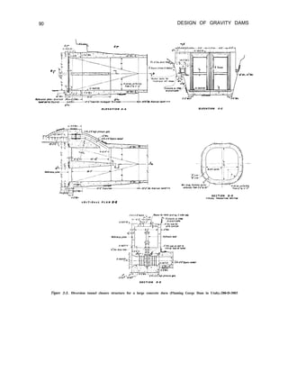 90 DESIGN OF GRAVITY DAMS
CL
E L E V A T I O N A - A ELEVATION C-C
3’dl”
S E C T I O N A L P L A N 0-B
S E C T I O N E - E
Figure 5-5. Diversion tunnel closure structure for a large concrete darn (Flaming Gorge Dam in Utah).-288-D-3003
 