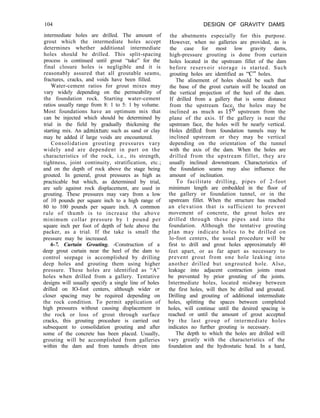 104 DESIGN OF GRAVITY DAMS
the abutments especially for this purpose.
However, when no galleries are provided, as is
the case for most low gravity dams,
high-pressure grouting is done from curtain
holes located in the upstream fillet of the dam
before reservoir storage is started. Such
grouting holes are identified as “C” holes.
The alinement of holes should be such that
the base of the grout curtain will be located on
the vertical projection of the heel of the dam.
If drilled from a gallery that is some distance
from the upstream face, the holes may be
inclined as much as 15’ upstream from the
plane of the axis. If the gallery is near the
upstream face, the holes will be nearly vertical.
Holes drilled from foundation tunnels may be
inclined upstream or they may be vertical
depending on the orientation of the tunnel
with the axis of the dam. When the holes are
drilled from the upstream fillet, they are
usually inclined downstream. Characteristics of
the foundation seams may also influence the
amount of inclination.
To facilitate drilling, pipes of 2-foot
minimum length are embedded in the floor of
the gallery or foundation tunnel, or in the
upstream fillet. When the structure has reached
an elevation that is sufficient to prevent
movement of concrete, the grout holes are
drilled through these pipes and into the
foundation. Although the tentative grouting
plan may indicate holes to be drilled on
lo-foot centers, the usual procedure will be
first to drill and grout holes approximately 40
feet apart, or as far apart as necessary to
prevent grout from one hole leaking into
another drilled but ungrouted hole. Also,
leakage into adjacent contraction joints must
be prevented by prior grouting of the joints.
Intermediate holes, located midway between
the first holes, will then be drilled and grouted.
Drilling and grouting of additional intermediate
holes, splitting the spaces between completed
holes, will continue until the desired spacing is
reached or until the amount of grout accepted
by the last group of intermediate holes
indicates no further grouting is necessary.
The depth to which the holes are drilled will
vary greatly with the characteristics of the
foundation and the hydrostatic head. In a hard,
intermediate holes are drilled. The amount of
grout which the intermediate holes accept
determines whether additional intermediate
holes should be drilled. This split-spacing
process is continued until grout “take” for the
final closure holes is negligible and it is
reasonably assured that all groutable seams,
fractures, cracks, and voids have been filled.
Water-cement ratios for grout mixes may
vary widely depending on the permeability of
the foundation rock. Starting water-cement
ratios usually range from 8: 1 to 5: 1 by volume.
Most foundations have an optimum mix that
can be injected which should be determined by
trial in the field by gradually thickening the
starting mix. An admixture such as sand or clay
may be added if large voids are encountered.
Consolidation grouting pressures vary
widely and are dependent in part on the
characteristics of the rock, i.e., its strength,
tightness, joint continuity, stratification, etc.;
and on the depth of rock above the stage being
grouted. In general, grout pressures as high as
practicable but which, as determined by trial,
are safe against rock displacement, are used in
grouting. These pressures may vary from a low
of 10 pounds per square inch to a high range of
80 to 100 pounds per square inch. A common
rule of thumb is to increase the above
minimum collar pressure by 1 pound per
square inch per foot of depth of hole above the
packer, as a trial. If the take is small the
pressure may be increased.
6-7. Curtain Grouting. -Construction of a
deep grout curtain near the heel of the dam to
control seepage is accomplished by drilling
deep holes and grouting them using higher
pressure. These holes are identified as “A”
holes when drilled from a gallery. Tentative
designs will usually specify a single line of holes
drilled on IO-foot centers, although wider or
closer spacing may be required depending on
the rock condition. To permit application of
high pressures without causing displacement in
the rock or loss of grout through surface
cracks, this grouting procedure is carried out
subsequent to consolidation grouting and after
some of the concrete has been placed. Usually,
grouting will be accomplished from galleries
within the dam and from tunnels driven into
 