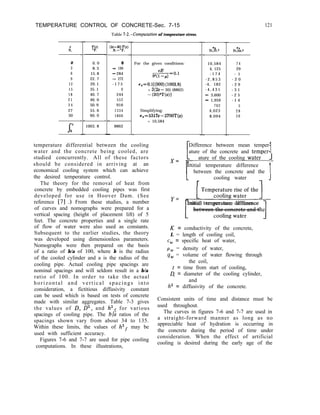 TEMPERATURE CONTROL OF CONCRETE-Sec. 7-15 121
fi.
0
3
6
9
12
15
18
2 1
2 4
27
30
b
-
--
_-
-
0. 0
8. 3
15. 8
22. 7
29. 1
35. 1
40. 7
46. 0
50. 9
55. 6
60. 0
1003. 8
-
--
--
-
Table I-2.-Computation of temperature stress.
0
- 199
- 284
- 272
- 1 7 5
0
244
552
916
1334
1800
8862
-
-
For the given conditions:
eE
br(l=OJ
~,=0.1[(900)(1003.8)
+ 3(22- 30) (8862)
-(30)3T(41
Simplifying:
a,=5317z-2700T(z)
+ 10,584
temperature differential between the cooling
water and the concrete being cooled, are
studied concurrently. All of these factors
should be considered in arriving at an
economical cooling system which can achieve
the desired temperature control.
The theory for the removal of heat from
concrete by embedded cooling pipes was first
developed for use in Hoover Dam. (See
reference [7] .) From these studies, a number
of curves and nomographs were prepared for a
vertical spacing (height of placement lift) of 5
feet. The concrete properties and a single rate
of flow of water were also used as constants.
Subsequent to the earlier studies, the theory
was developed using dimensionless parameters.
Nomographs were then prepared on the basis
of a ratio of b/a of 100, where b is the radius
of the cooled cylinder and a is the radius of the
cooling pipe. Actual cooling pipe spacings are
nominal spacings and will seldom result in a b/a
ratio of 100. In order to take the actual
horizontal and vertical spacings into
consideration, a fictitious diffusivity constant
can be used which is based on tests of concrete
made with similar aggregates. Table 7-3 gives
the values of D, 02, and hzf for various
spacings of cooling pipe. The b/a ratios of the
spacings shown vary from about 34 to 135.
Within these limits, the values of h2f may be
used with sufficient accuracy.
Figures 7-6 and 7-7 are used for pipe cooling
computations. In these illustrations,
-
--
-
IbP/it.’
10,584
4, 125
- 1 7 4
- 2 , 8 5 3
-4, 182
- 4 , 4 3 1
- 3,600
- 1,959
762
4,023
8.094
-
_-
-
lb.%.2
7 4
29
- 1
- 2 0
- 2 9
- 3 1
- 2 5
- 1 4
5
2 8
5 6
Difference between mean temper-
1
ature of the concrete and temner-
ature of the cooling water- I
itial temperature difference
between the concrete and the 1
L cooling water J
r 1
y=
Initial temperature difference
K = conductivity of the concrete,
L = length of cooling coil,
CW = specific heat of water,
Pw = density of water,
4w = volume of water flowing through
the coil,
t = time from start of cooling,
0, = diameter of the cooling cylinder,
and
h2 = diffusivity of the concrete.
Consistent units of time and distance must be
used throughout.
The curves in figures 7-6 and 7-7 are used in
a straight-forward manner as long as no
appreciable heat of hydration is occurring in
the concrete during the period of time under
consideration. When the effect of artificial
cooling is desired during the early age of the
 
