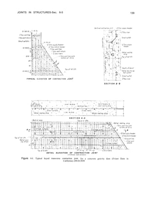 JOINTS IN STRUCTURES-Sec. 8-5 139
TYPICAL ELEVATION OF C O N T R A C T I O N JO/NT
S E C T I O N B-6
.-AXIS o f d a m
S E C T / O N A - A
TOO o f 5’ iiffs
-Metal seoiing strrp
DETAIL ELEVATION OF CONTRACT/ON JO/N7
I ill” ..,,I” “,Y” YLVLI.,
Figure 8-I. Typical keyed transverse contraction joint for a concrete gravity dam (Friant Dam in
California).-288-D-3030
 