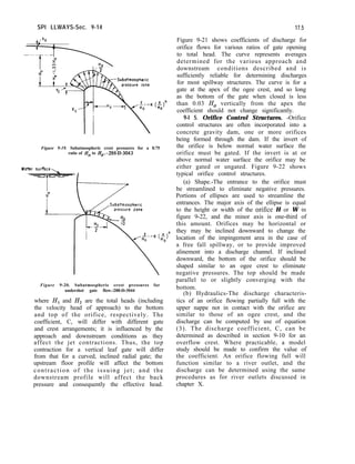 SPI LLWAYS-Sec. 9-14 17.5
Figure 9-19. Subatmospheric crest pressures for a 0.75
ratio of II, to He.-288-D-3043
Figure 9-20. Subatmospheric crest pressures for
undershot gate flow.-288-D-3044
where H, and H2 are the total heads (including
the velocity head of approach) to the bottom
and top of the orifice, respectively. The
coefficient, C, will differ with different gate
and crest arrangements; it is influenced by the
approach and downstream conditions as they
affect the jet contractions. Thus, the top
contraction for a vertical leaf gate will differ
from that for a curved, inclined radial gate; the
upstream floor profile will affect the bottom
contraction of the issuing jet; and the
downstream profile will affect the back
pressure and consequently the effective head.
Figure 9-21 shows coefficients of discharge for
orifice flows for various ratios of gate opening
to total head. The curve represents averages
determined for the various approach and
downstream conditions described and is
sufficiently reliable for determining discharges
for most spillway structures. The curve is for a
gate at the apex of the ogee crest, and so long
as the bottom of the gate when closed is less
than 0.03 H, vertically from the apex the
coefficient should not change significantly.
9-l 5. Orifice Control Structures. -Orifice
control structures are often incorporated into a
concrete gravity dam, one or more orifices
being formed through the dam. If the invert of
the orifice is below normal water surface the
orifice must be gated. If the invert is at or
above normal water surface the orifice may be
either gated or ungated. Figure 9-22 shows
typical orifice control structures.
(a) Shape.-The entrance to the orifice must
be streamlined to eliminate negative pressures.
Portions of ellipses are used to streamline the
entrances. The major axis of the ellipse is equal
to the height or width of the oritice H or W in
figure 9-22, and the minor axis is one-third of
this amount. Orifices may be horizontal or
they may be inclined downward to change the
location of the impingement area in the case of
a free fall spillway, or to provide improved
alinement into a discharge channel. If inclined
downward, the bottom of the orifice should be
shaped similar to an ogee crest to eliminate
negative pressures. The top should be made
parallel to or slightly converging with the
bottom.
(b) Hydraulics-The discharge characteris-
tics of an orifice flowing partially full with the
upper nappe not in contact with the orifice are
similar to those of an ogee crest, and the
discharge can be computed by use of equation
(3). The discharge coefficient, C, can be
determined as described in section 9-10 for an
overflow crest. Where practicable, a model
study should be made to confirm the value of
the coefficient. An orifice flowing full will
function similar to a river outlet, and the
discharge can be determined using the same
procedures as for river outlets discussed in
chapter X.
 