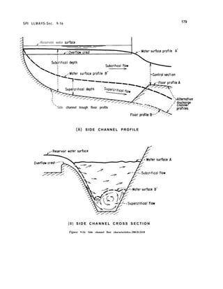 SPI LLWAYS-Sec. 9-16
179
.,-Reservoir water surfoce
‘Side channel trough floor profile
(A) SIDE CHANNEL PROFILE
( B ) S I D E C H A N N E L C R O S S S E C T I O N
Figure 9-24. Side channel flow characteristics.-288-D-2418
 