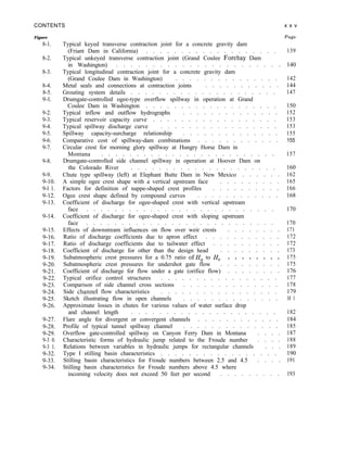 CONTENTS x x v
Figure
8-1.
8-2.
8-3.
8-4.
8-5.
9-l.
9-2.
9-3.
9-4.
9-5.
9-6.
9-7.
9-8.
9-9.
9-10.
9-l 1.
9-12.
9-13.
9-14.
9-15.
9-16.
9-17.
9-18.
9-19.
9-20.
9-21.
9-22.
9-23.
9-24.
9-25.
9-26.
9-27.
9-28.
9-29.
9-3 0.
9-3 1.
9-32.
9-33.
9-34.
Page
Typical keyed transverse contraction joint for a concrete gravity dam
(Friant Dam in California) . . . . . . . . . . . . . . . . . . . 139
Typical unkeyed transverse contraction joint (Grand Coulee Forebay Dam
in Washington) . . . . . . . . . . . . . . . . . . . . . . . 140
Typical longitudinal contraction joint for a concrete gravity dam
(Grand Coulee Dam in Washington) . . . . . . . . . . . . . . . 142
Metal seals and connections at contraction joints . . . . . . . . . . . 144
Grouting system details . . . . . . . . . . . . . . . . . . . . . 147
Drumgate-controlled ogee-type overflow spillway in operation at Grand
Coulee Dam in Washington . . . . . . . . . . . . . . . . . . . 150
Typical inflow and outflow hydrographs . . . . . . . . . . . . . . 152
Typical reservoir capacity curve . . . . . . . . . . . . . . . . . . 153
Typical spillway discharge curve . . . . . . . . . . . . . . . . . 153
Spillway capacity-surcharge relationship . . . . . . . . . . . . . . 155
Comparative cost of spillway-dam combinations . . . . . . . . . . . . 155
Circular crest for morning glory spillway at Hungry Horse Dam in
Montana . . . . . . . . . . . . . . . . . . . . . . . . . 157
Drumgate-controlled side channel spillway in operation at Hoover Dam on
the Colorado River . . . . . . . . . . . . . . . . . . . . . 160
Chute type spillway (left) at Elephant Butte Dam in New Mexico . . . . . . 162
A simple ogee crest shape with a vertical upstream face . . . . . . . . . 165
Factors for definition of nappe-shaped crest profiles . . . . . . . . . . 166
Ogee crest shape defined by compound curves . . . . . . . . . . . . 168
Coefficient of discharge for ogee-shaped crest with vertical upstream
face . . . . . . . . . . . . . . . . . . . . . . . . . . . 170
Coefficient of discharge for ogee-shaped crest with sloping upstream
face . . . . . . . . . . . . . . . . . . . . . . . . . . . 170
Effects of downstream influences on flow over weir crests . . . . . . . . 171
Ratio of discharge coefficients due to apron effect . . . . . . . . . . . 172
Ratio of discharge coefficients due to tailwater effect . . . . . . . . . . 172
Coefficient of discharge for other than the design head . . . . . . . . . 173
Subatmospheric crest pressures for a 0.75 ratio ofH, to He . . . . . . . . 175
Subatmospheric crest pressures for undershot gate flow . . . . . . . . . 175
Coefficient of discharge for flow under a gate (orifice flow) . . . . . . . . 176
Typical orifice control structures . . . . . . . . . . . . . . . . . 177
Comparison of side channel cross sections . . . . . . . . . . . . . . 178
Side charmel flow characteristics . . . . . . . . . . . . . . . . . 179
Sketch illustrating flow in open channels . . . . . . . . . . . . . . 18 1
Approximate losses in chutes for various values of water surface drop
and channel length . . . . . . . . . . . . . . . . . . . . . 182
Flare angle for divergent or convergent channels . . . . . . . . . . . . 184
Profile of typical tunnel spillway channel . . . . . . . . . . . . . . 185
Overflow gate-controlled spillway on Canyon Ferry Dam in Montana . . . . 187
Characteristic forms of hydraulic jump related to the Froude number . . . . 188
Relations between variables in hydraulic jumps for rectangular channels . . . 189
Type I stilling basin characteristics . . . . . . . . . . . . . . . . . 190
Stilling basin characteristics for Froude numbers between 2.5 and 4.5 . . . . 191
Stilling basin characteristics for Froude numbers above 4.5 where
incoming velocity does not exceed 50 feet per second . . . . . . . . . 193
 