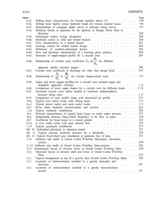 XXVI CONTENTS
Figure
9-35.
9-36.
9-37.
9-38.
Page
9-39.
9-40.
9-41.
9-42.
9-43.
9-44.
9-45.
9-46.
9-47.
9-48.
9-49.
9-50.
9-51.
9-52.
10-l.
1 o-2.
10-3.
1 o-4.
10-5.
10-6.
10-7.
1 O-8.
1 o-9.
Stilling basin characteristics for Froude numbers above 4.5 . . . . . . . . 194
Stilling basin depths versus hydraulic heads for various channel losses . . . . 196
Relationships of conjugate depth curves to tailwater rating curves . . . . . 197
Deflector bucket in operation for the spillway at Hungry Horse Dam in
Montana . . . . . . . . . . . . . . . . . . . . . . . . . 200
Submerged bucket energy dissipators . . . . . . . . . . . . . . . . 200
Hydraulic action in solid and slotted buckets . . . . . . . . . . . . . 200
Flow characteristics in a slotted bucket . . . . . . . . . . . . . . . 201
Limiting criteria for slotted bucket design . . . . . . . . . . . . . . 202
Definition of symbols-submerged bucket . . . . . . . . . . . . . . 203
Flow and discharge characteristics of a morning glory spillway . . . . . . . 204
Elements of nappe-shaped profile for a circular crest . . . . . . . . . . 205
Relationship of circular crest coefficient C, to: for different
s
approach depths (aerated nappe) . . . . . . . . . . . . . . . . 206
Circular crest coefficient of discharge for other than design head . . . . . . 207
H
Relationship of g to -$ for circular sharp-crested weirs . . . . . . . . 211
Upper and lower nlppe pr:files for a circular weir (aerated nappe and
negligible approach velocity) . . . . . . . . . . . . . . . . . . 2 12
Comparison of lower nappe shapes for a circular weir for different heads . . . 2 12
Increased circular crest radius needed to minimize subatmospheric
pressure along crest . . . . . . . . . . . . . . . . . . . . . 2 12
Comparison of crest profile shape with theoretical jet profile . . . . . . . 213
Typical river outlet works with stilling basin . . . . . . . . . . . . . 2 17
Typical power outlet and canal outlet works . . . . . . . . . . . . . 2 17
River outlet trashrack structure-plans and sections . . . . . . . . . . . 222
Typical trashrack installations . . . . . . . . . . . . . . . . . . 224
Pictorial representation of typical head losses in outlet under pressure . . . . 227
Relationship between Darcy’sfand Manning’s y1 for flow in pipes . . . . . 230
Coefficient for bend losses in a closed conduit . . . . . . . . . . . . 232
A river outlet works with open channel flow . . . . . . . . . . . . . 235
Typical penstock installations . . . . . . . . . . . . . . . . . . 237
lo- 10. Embedded penstock in abutment tunnel . . . . . . . . . . . . .
IO- 11. Typical concrete trashrack structure for a penstock . . . . . . . . . .
IO- 12. Typical fixed-wheel gate installation at upstream face of dam . . . . . .
1 l-l. Galleries and shafts in Grand Coulee Forebay Dam-plans, elevations,
section . . . . . . . . . . . . . . . . . . . . . . . . .
1 l-2. Galleries and shafts in Grand Coulee Forebay Dam-sections . . . . . .
12-1. Architectural layout of elevator tower in Grand Coulee Forebay Dam . . .
12-2. Structural layout of elevator shaft and tower in Grand Coulee Forebay
Dam . . . . . . . . . . . . . . . . . . . . . . . . . .
12-3. Typical arrangement at top of a gravity dam (Grand Coulee Forebay Dam) .
13-1. Locations of instrumentation installed in a gravity dam-plan and
elevation . . . . . . . . . . . . . . . . . . . . . . . .
13-2. Locations of instrumentation installed in a gravity dam-maximum
section . . . . . . . . . . . . . . . . . . . . . . . . .
237
238
241
244
246
250
252
256
261
261
 