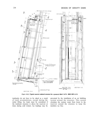 238 DESIGN OF GRAVITY DAMS
S E C T I O N B - B S E C T I O N C - C
i-
SHOWING CONmErE PLlCED
_. Upstreom face o f dam
WIT” DAM
S E C T I O N A - A ”
Figure IO-II. Typical concrete trashrack structure for a penstock (sheet 1 of 2). -288-D-3074 (l/2)
trashracks do not have to be raked as a result prevented by the installation of an air bubbling
of trash accumulations, except during the system around the structure. This system
initial filling. Ice loads must be considered if circulates the warmer water from lower in the
the trashrack structure is above the reservoir at reservoir around the structure to keep the
times during cold winters. Ice loadings may be members ice free.
 