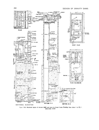 252 DESIGN OF GRAVITY DAMS
E r’Golr w, ,
roof dram
:.; :::. .
:.‘&I, btioi’ond.’ .’
:.., ::. :.:,.
.,i.,.:.,. .‘,.‘. .:
: .c Emcrqency ad!
D :::’ ‘-
,,I ; ,: .*,A. ‘,;
g .:_ ..:::..
::
_....., ,..., .(,.
.. ..,... .‘;.,: ..,.. ‘.:’
.::. ., :
-90//ery,..’ ‘.‘:‘.:.‘,‘.:
l.. ~.,:: :.‘;X’.
Metal starw;;. :;::y
notshow
3?
L.;::‘., ‘.,.? ,
yy!~~ ’
S E C T I O N A L E L E V A T I O N
.
s
.
‘. -1:
1:
1
,.---
5
1.’
..’
..:..
.C’,
.:i,.
:
. .
.,
: ‘.’
ROOF PLAN
PLAN- EL.IS30.00
SEC t/ON A- A
Figure 12-2. Structural layout of elevator shaft and tower in Grand Coulee Forebay Dam (sheet 1 of 2).-
288-D-3084 (l/2)
 