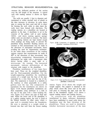 STRUCTURAL BEHAVIOR MEASUREMENTS-&c, 13-6
measure the deflected position of the section
over the full height of the structure. A typical
well with reading stations is shown on figure
13-3.
271
The wells are usually 1 foot in diameter and
maintained to within one-half inch of plumb as
the dam increases in elevation. In some dams,
pipe or casing has been used and left in place
for forming the well, while in other dams the
wells have been formed with slip-forms. The
reading stations on a plumbline are located at
galleries in the dam. A doorframe is set in the
concrete of the gallery wall at each reading
station, and doors seating against sponge
rubber seals are provided as closures. The doors
of the reading stations are kept locked except
when readings are being made, to prevent the
plumbline being disturbed. Reading stations are
Figure 13-20. Components of equipment for weighted
oriented so that measurements may be made in
plumbline installation.-PX-D-74010
the directions of anticipated movements, hence
avoiding the need for trigonometric resolution.
In the older dams orientation of the reading
stations requires that measurements be made at
4S” to the directions of dam movements, thus
necessitating computation. Measurements of
deformation are made with a micrometer slide
device having either a peep sight or a
microscope for viewing. The measured
movements indicate deformation of the
structure with respect to the plumbline.
Plumbline installations of two types have
been used. These are the weighted plumbline
and the float-suspended plumbline. For the
weight-supporting plumbline the installation
consists of a weight near the base of the dam
suspended by a wire from near the top of the
dam. The suspension is located in a manhole at
Figure 13-21. Tank and float for use with float-suspended
the roadway or when practicable in a utility
plumbline.-C-8163-1NA
gallery near the top. The components of station. Figure 13-22 shows the weight and
equipment for the installation are shown on weight support. The support is attached to the
figure 13-20. Recent plumbline installations are plate which closes the lower end of the pipe
float suspended, using antifreeze in a tank at well prior to lowering the pipe well into the
the top of the dam with a float holding the hole in the foundation. Figure 13-23 shows a
wire. Figure 13-21 shows one type of float and typical reading station and reading devices.
tank. When the lower end of the plumbline is I n c o n j u n c t i o n with the plumbline
at a gallery reading station, the wire is fixed at installations in dams, reference monuments
the bottom location. In other cases, where a have been established in cased wells below the
pipe well is extended below the foundation, foundation near the base elevation of the
the wire is attached to a weight which is plumblines. These are used to determine
lowered into that well from the lowest reading whether horizontal movement of the dam
 