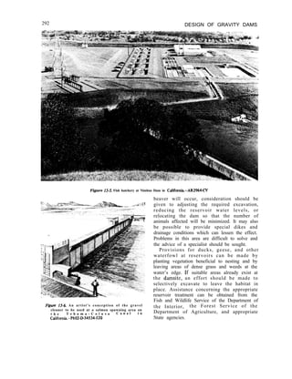 292 DESIGN OF GRAVITY DAMS
Figure 15.5. Fish hatchery at Nimbus Dam in California.-AR2964-W
Figure 15-6. An artist’s conception of the gravel
cleaner to be used at a salmon spawning area on
t h e T e h a m a - C o l u s a C a n a l i n
California.-P602-D54534-520
beaver will occur, consideration should be
given to adjusting the required excavation,
reducing the reservoir water levels, or
relocating the dam so that the number of
animals affected will be minimized. It may also
be possible to provide special dikes and
drainage conditions which can lessen the effect.
Problems in this area are difficult to solve and
the advice of a specialist should be sought.
Provisions for ducks, geese, and other
waterfowl at reservoirs can be made by
planting vegetation beneficial to nesting and by
leaving areas of dense grass and weeds at the
water’s edge. If suitable areas already exist at
the damsite, an effort should be made to
selectively excavate to leave the habitat in
place. Assistance concerning the appropriate
reservoir treatment can be obtained from the
Fish and Wildlife Service of the Department of
the Interior, the Forest Service of the
Department of Agriculture, and appropriate
State agencies.
 