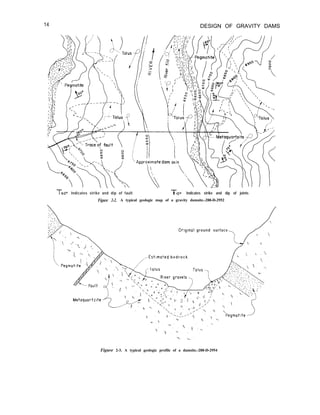 14 DESIGN OF GRAVITY DAMS
Two Indicates strike and dip of fault -flOO Indicates strike and dip of joints
Figure 2-2. A typical geologic map of a gravity damsite.-288-D-2952
Orlginal ground surface
-~Estlmated b e d r o c k
Figure 2-3. A typical geologic profile of a damsite.-288-D-2954
 