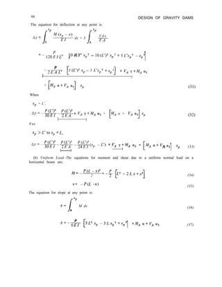 66 DESIGN OF GRAVITY DAMS
The equation for deflection at any point is:
xP xP
Ay =
/
wxp -xl
EI
dx + 3
V d x
Cl I
0 EA
P
=-
120EIL’ [
IO (L’)” xp2 - lO(L’)2 xp” -I- 5Lk,4 -xp5
1
P
-2EAL’ 3 (L’)2 xp - 3 L’x,2 fXP3 + v, r+M/j a2
i
[ 3
I
+ MA’y+VAcv2
c 3
xp
When
xP
= L’,
Ay =-x-w+ VA y+MA ct2 + PA a + VA a21 xp
For
(31)
(32)
xp >L’tox, =L,
ny=-$f$$-$&g(xp -L’) -I-V, y+M/, a2 + [M/, a+V
I
A 2
a
1 Xp (33)
I I
(b) Uniform Load.-The equations for moment and shear due to a uniform normal load on a
horizontal beam are:
j,+,= -‘CL -x)2
2 (34)
v = -P(L -x)
The equation for slope at any point is:
s
xP
e= M dx
0
(35)
(36)
P
-
‘=-6EI C
3L2xp -3Lxp2 +xp3
1 sMA a+V, (y2 (37)
 