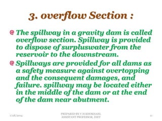 3. overflow Section :
The spillway in a gravity dam is called
overflow section. Spillway is provided
to dispose of surpluswater from the
reservoir to the downstream.
Spillways are provided for all dams as
a safety measure against overtopping
and the consequent damages, and
failure. spillway may be located either
in the middle of the dam or at the end
of the dam near abutment.
1/28/2014
PREPARED BY V.H.KHOKHANI,
ASSISTANT PROFESSOR, DIET
11
 